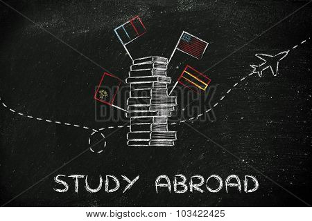 Study Abroad: Books, Flags And Airplane