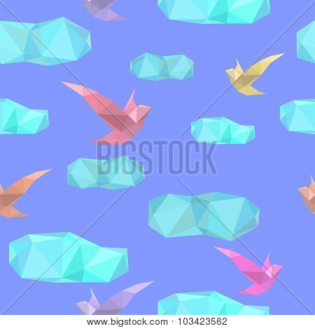 Polygonal Seamless Pattern With Birds And Clouds