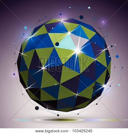 Technology spherical polished object with lines mesh. 3d colorful shiny complicated engineering stru