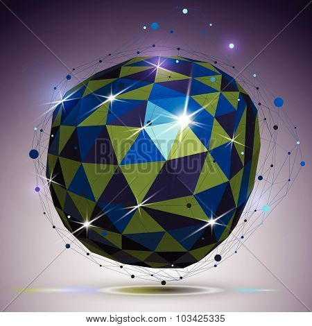 Technology spherical polished object with lines mesh. 3d colorful shiny complicated engineering stru