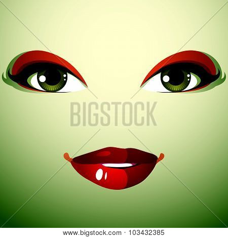Attractive woman with stylish bright make-up. Sexy Caucasian distrustful lady. Human eyes and lips