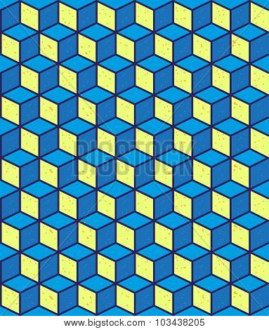 Vector seamless abstract geometric pattern with mosaic tiles of blue and yellow blocks