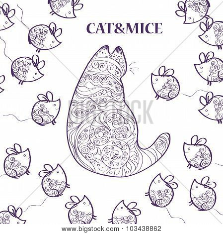 Hand drawn seamless pattern with cat and mice isolated on white background.