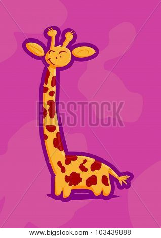 Vector picture of funny smiling giraffe isolated on pink background. Flat cute animal portrait good