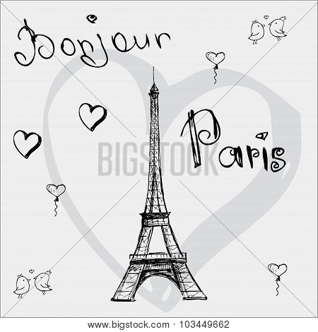 Vector Hand Drawn Illustration With Eiffel Tower. Bonjour Paris