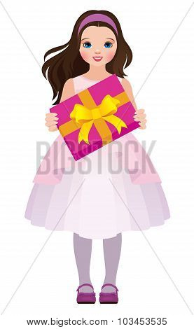 Little Girl Holding A Box With A Gift
