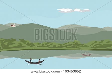 lake at low montains landscape