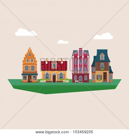 Old Traditional Eurpoean Vintage Houses Vector Illustration