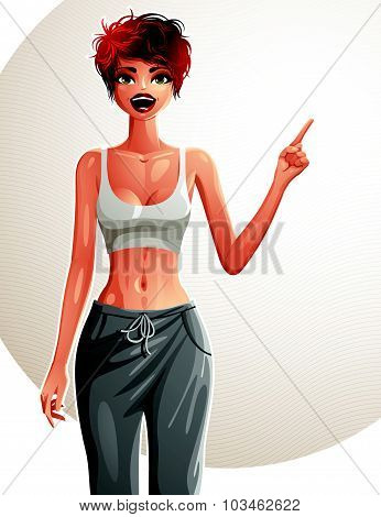 Attractive white-skin standing girl pointing at some empty copy space to side with her finger