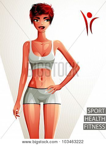 Sexy coquette white-skin woman full body portrait. Gorgeous red-haired lady in sportswear