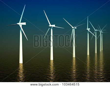 3D Wind Turbines Producing Energy In Sea