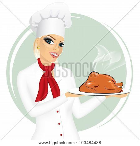smiling female chef with christmas roasted turkey