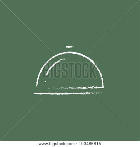 Restaurant cloche hand drawn in chalk on a blackboard vector white icon isolated on a green background.