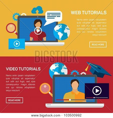 Flat education, training, online tutorial, e-learning concept.