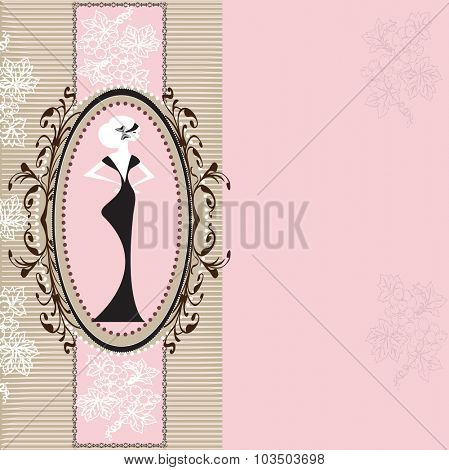 Vintage invitation card with elegant retro abstract floral design with woman