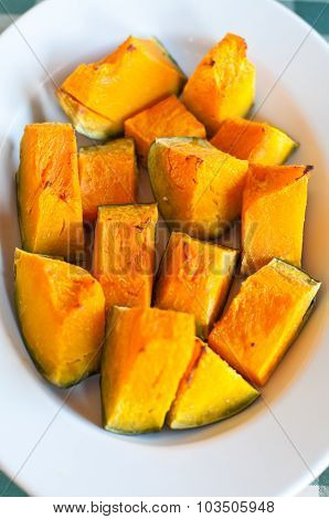 Plate Pumpkin Roasted In The Oven And Seasoned With Olive Oil And Salt