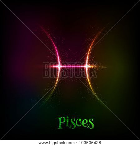 Shining neon zodiac Pisces vector symbol