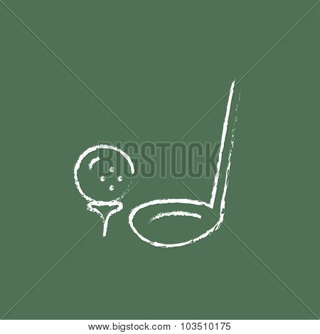 Golf ball and putter hand drawn in chalk on a blackboard vector white icon isolated on a green background.