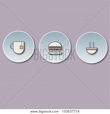 three-dimensional icons with a hamburger, drink and broth