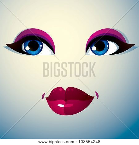 Facial Expression Of A Young Pretty Woman. Coquette Lady Visage, Human Eyes And Lips.