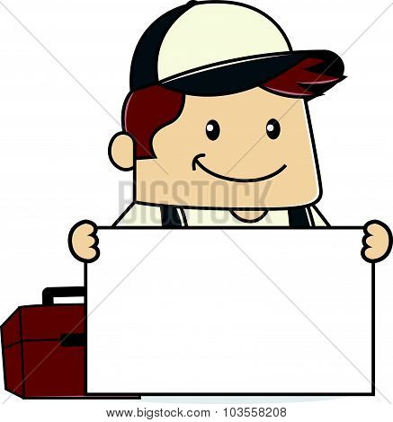 Plumber holding sign