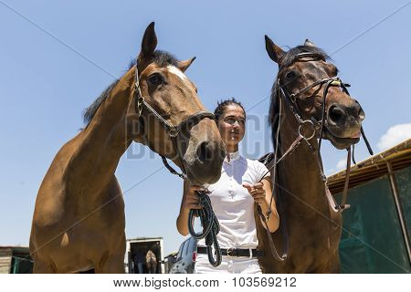 Thessloniki Greece June 14 2015: The ridder and horses before the riding competition with obstacles.