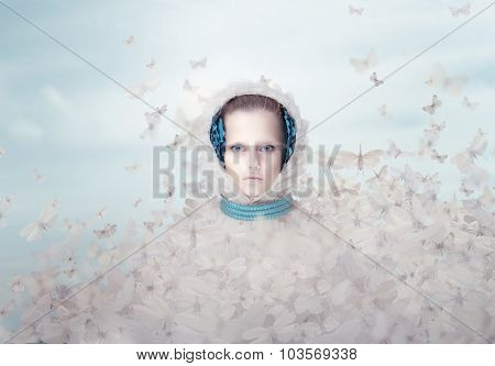 Fantasy. Futuristic Woman With Flying Butterflies