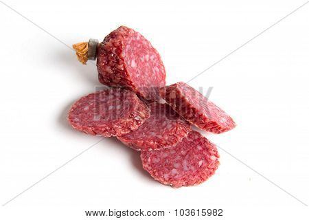 Sliced sausage isolated on white background