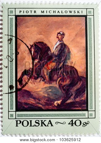 Moscow, Russia - October 3, 2015: A Stamp Printed In Poland Shows Knight On Bay Horse, By Piotr Mich