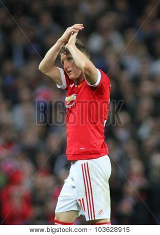 MANCHESTER, ENGLAND - SEPTEMBER 30, 2015: Champions League match between Manchester United and Vfl Wolfsburg at Old Trafford Stadium on September 30, 2015