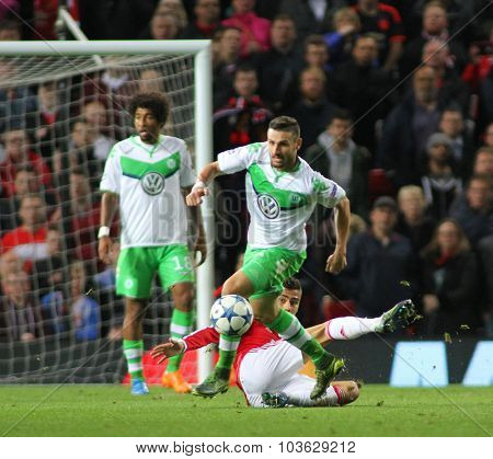 MANCHESTER, ENGLAND - SEPTEMBER 30, 2015: Champions League match between Manchester United and Vfl Wolfsburg at Old Trafford Stadium on September 30, 2015