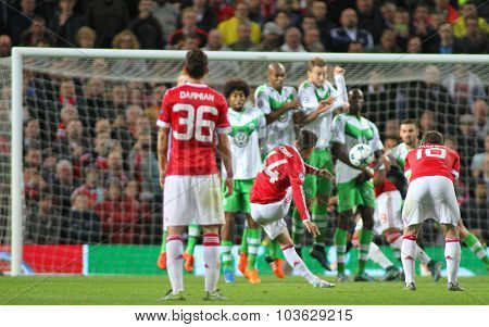 MANCHESTER, ENGLAND - SEPTEMBER 30, 2015: Champions League match between Manchester United and Vfl Wolfsburg at Old Trafford Stadium on September 30, 2015