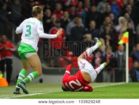 MANCHESTER, ENGLAND - SEPTEMBER 30, 2015: Champions League match between Manchester United and Vfl Wolfsburg at Old Trafford Stadium on September 30, 2015