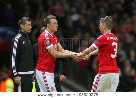 MANCHESTER, ENGLAND - SEPTEMBER 30, 2015: Champions League match between Manchester United and Vfl Wolfsburg at Old Trafford Stadium on September 30, 2015