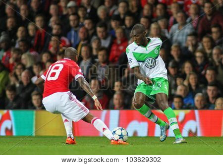 MANCHESTER, ENGLAND - SEPTEMBER 30, 2015: Champions League match between Manchester United and Vfl Wolfsburg at Old Trafford Stadium on September 30, 2015