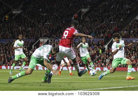 MANCHESTER, ENGLAND - SEPTEMBER 30, 2015: Champions League match between Manchester United and Vfl Wolfsburg at Old Trafford Stadium on September 30, 2015