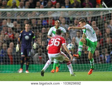 MANCHESTER, ENGLAND - SEPTEMBER 30, 2015: Champions League match between Manchester United and Vfl Wolfsburg at Old Trafford Stadium on September 30, 2015