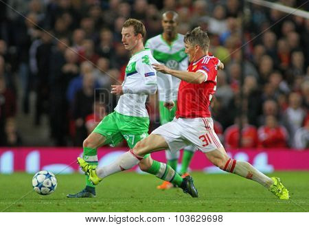 MANCHESTER, ENGLAND - SEPTEMBER 30, 2015: Champions League match between Manchester United and Vfl Wolfsburg at Old Trafford Stadium on September 30, 2015