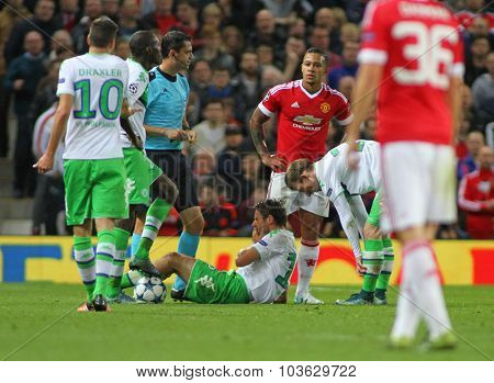 MANCHESTER, ENGLAND - SEPTEMBER 30, 2015: Champions League match between Manchester United and Vfl Wolfsburg at Old Trafford Stadium on September 30, 2015