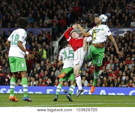 MANCHESTER, ENGLAND - SEPTEMBER 30, 2015: Champions League match between Manchester United and Vfl Wolfsburg at Old Trafford Stadium on September 30, 2015