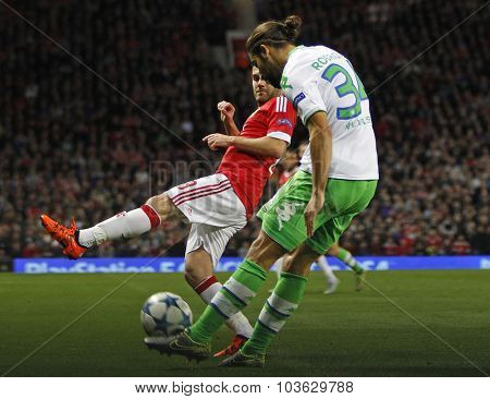 MANCHESTER, ENGLAND - SEPTEMBER 30, 2015: Champions League match between Manchester United and Vfl Wolfsburg at Old Trafford Stadium on September 30, 2015