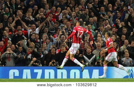 MANCHESTER, ENGLAND - SEPTEMBER 30, 2015: Champions League match between Manchester United and Vfl Wolfsburg at Old Trafford Stadium on September 30, 2015