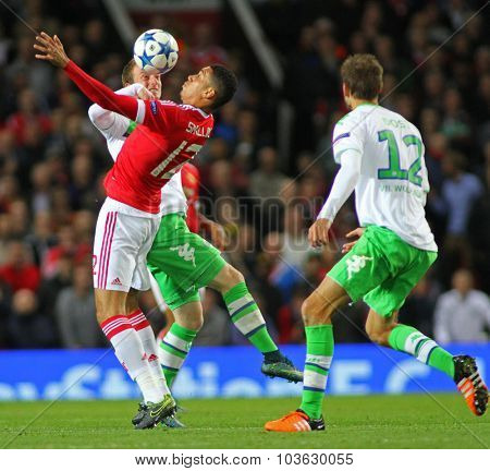 MANCHESTER, ENGLAND - SEPTEMBER 30, 2015: Champions League match between Manchester United and Vfl Wolfsburg at Old Trafford Stadium on September 30, 2015