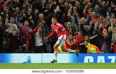 MANCHESTER, ENGLAND - SEPTEMBER 30, 2015: Champions League match between Manchester United and Vfl Wolfsburg at Old Trafford Stadium on September 30, 2015