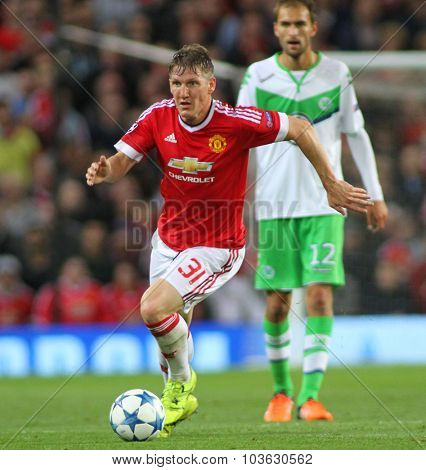MANCHESTER, ENGLAND - SEPTEMBER 30, 2015: Champions League match between Manchester United and Vfl Wolfsburg at Old Trafford Stadium on September 30, 2015