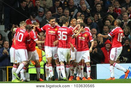 MANCHESTER, ENGLAND - SEPTEMBER 30, 2015: Champions League match between Manchester United and Vfl Wolfsburg at Old Trafford Stadium on September 30, 2015