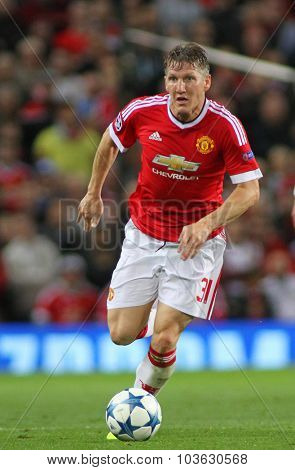 MANCHESTER, ENGLAND - SEPTEMBER 30, 2015: Champions League match between Manchester United and Vfl Wolfsburg at Old Trafford Stadium on September 30, 2015