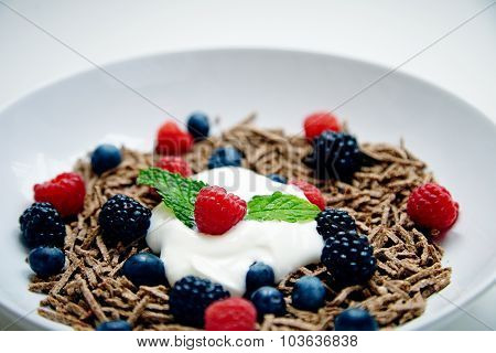 Close Up Muesli With Berries And Yougurt In White Dish For Breakfast