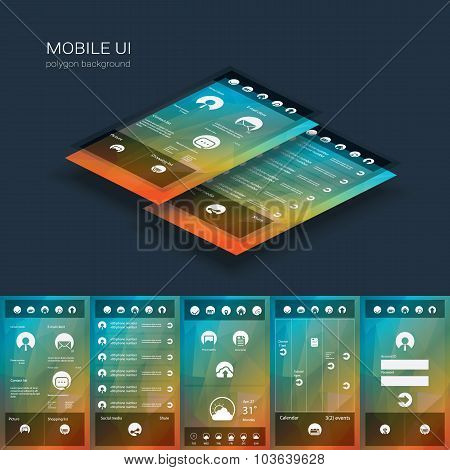 Mobile user interface vector template. Smartphone ui with flat design icons on low poly background.