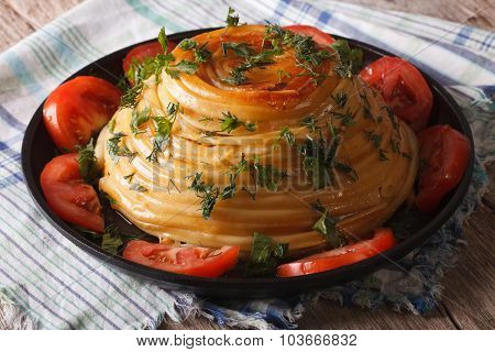 Beautiful Timbale Of Pasta With Cheese And Vegetables Close-up